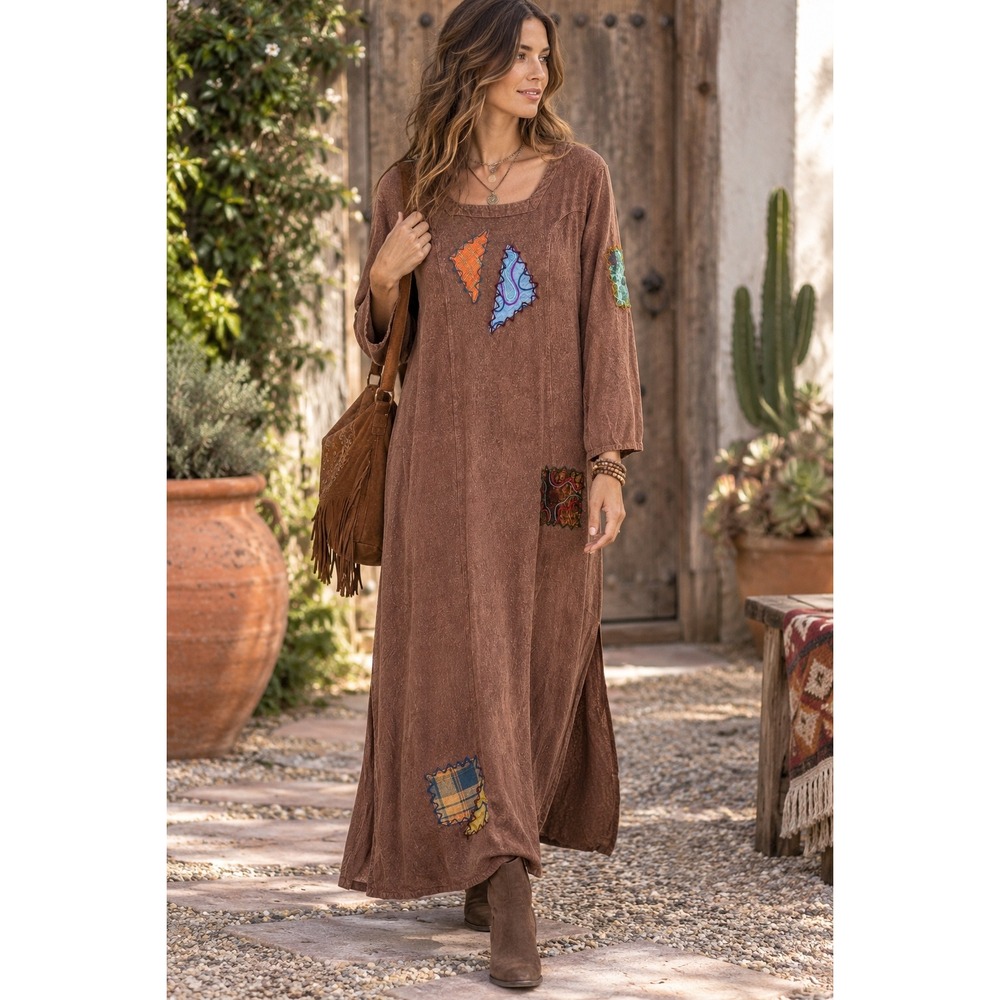 Sacred Threads Patchwork Maxi Dress S/M Brown Boho Lagenlook Artsy Rayon